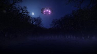 Üç boyutlu uzaylı UFO 'su ürkütücü ormanın üzerinde geziniyor.