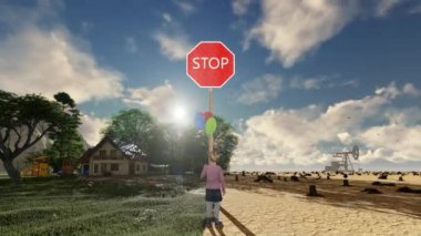 Dur işaretinin önünde renkli balonları olan 3D animasyon kızı, iklim değişikliği konsepti, zaman kavramı