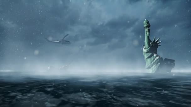 Animación Helicópteros Volando Sobre Estatua Libertad Nueva York Atrapados Hielo — Vídeo de stock