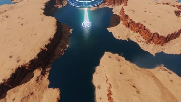 Animace Velkého Ufo Vznášejícího Nad Zaplaveným Grand Canyonem Horní Pohled — Stock video