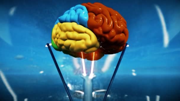 Анимация Красочного Мозга Вращающегося Внутри Классической Лампочки Бесшовный Цикл — стоковое видео