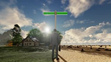 Çevresel bir karar vermeye çalışan işadamının 3 boyutlu animasyonu boş işaret, zaman ayarlı gün doğumu