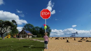 Dur işaretinin önünde renkli balonları olan 3D animasyon kızı, iklim değişikliği konsepti