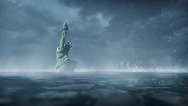 Animatie Van Helikopter Vliegen Liberty Statue New York Gevangen Ijs — Stockvideo