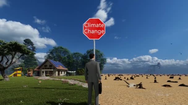 Animación Hombre Negocios Indeciso Para Verde Debido Cambio Climático Inclinación — Vídeo de stock