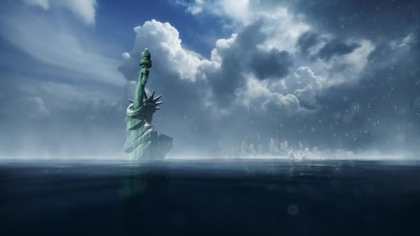 Анімація Вертольота Літає Над Статуєю Свободи Нью Йоркським Потопом Збільшена — стокове відео