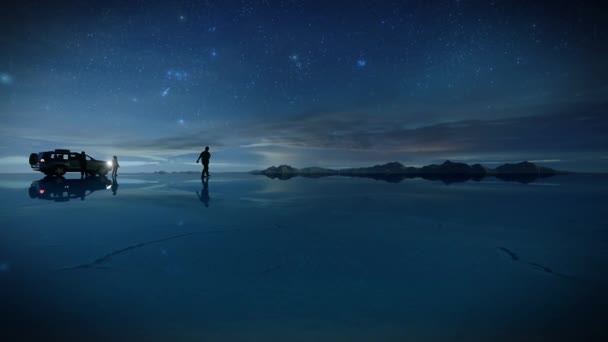 Kouzelný Pohled Turisty Solné Pláně Uyuni Bolívii Proti Hvězdné Obloze — Stock video