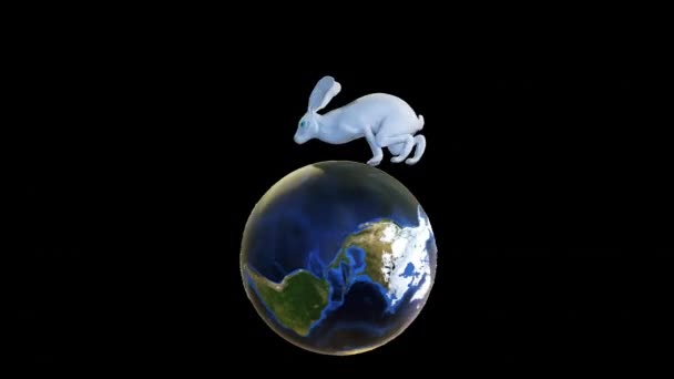 Ojos Azules Conejo Blanco Corriendo Planeta Tierra Concepto Pascua Bucle — Vídeo de stock