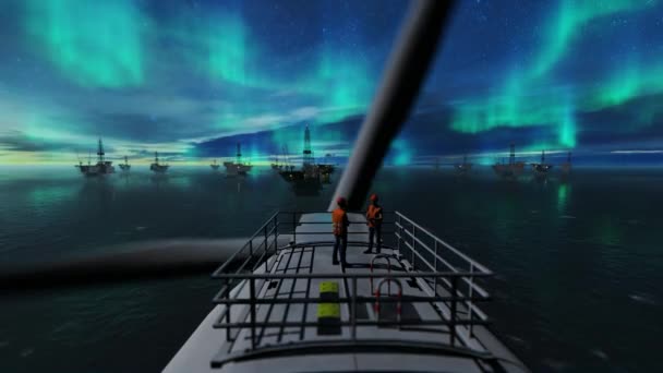 星空や北の光に対する油リグ付き洋上風力タービンのメンテナンス作業員 — ストック動画
