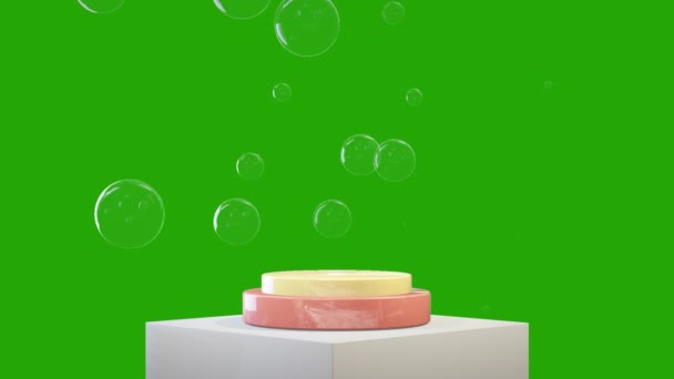 Werbetisch Für Virtuelles Produkt Mit Schwebenden Seifenblasen Green Screen Chromakey — Stockvideo