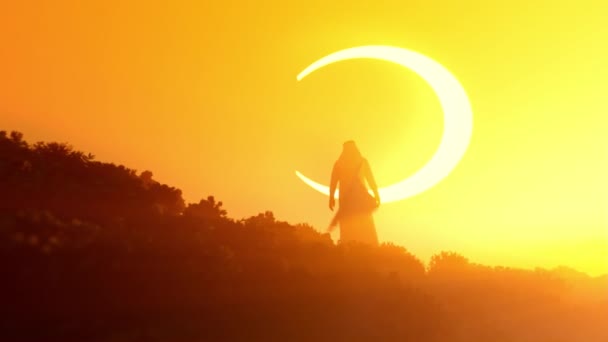 Arabisk Ledare Grön Kulle Mot Varm Halvmåne Sol — Stockvideo