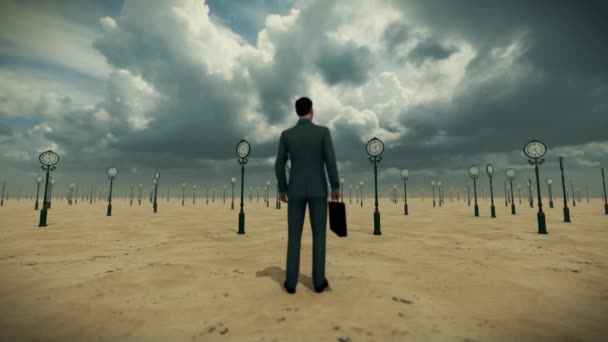 Geschäftsmann Der Wüste Umgeben Von Zeitraffer Uhren Gegen Stürmische Wolken — Stockvideo