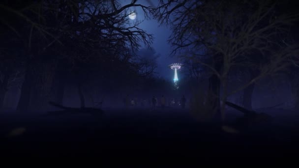 Alien Ufo Schwebt Über Menschen Gespenstischem Wald — Stockvideo