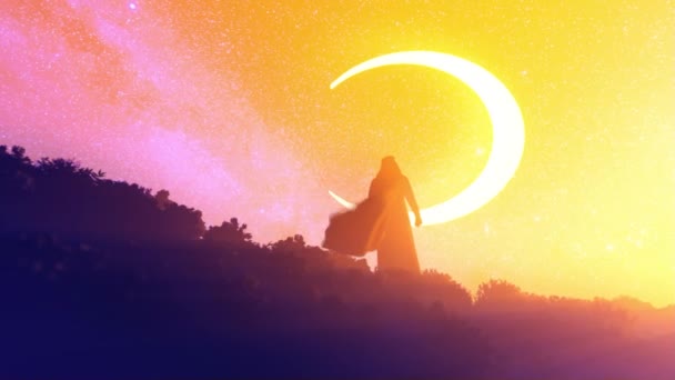 在新月形月亮和星空的映衬下 阿拉伯领导人站在青山上 大摇大摆地 — 图库视频影像