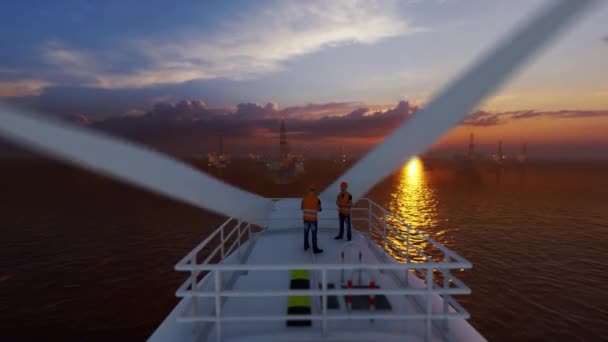 Trabajador Mantenimiento Parte Superior Una Turbina Eólica Marina Con Plataformas — Vídeos de Stock