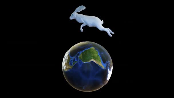 Blå Ögon Vit Kanin Springer Planeten Jorden Påsk Koncept Loop — Stockvideo