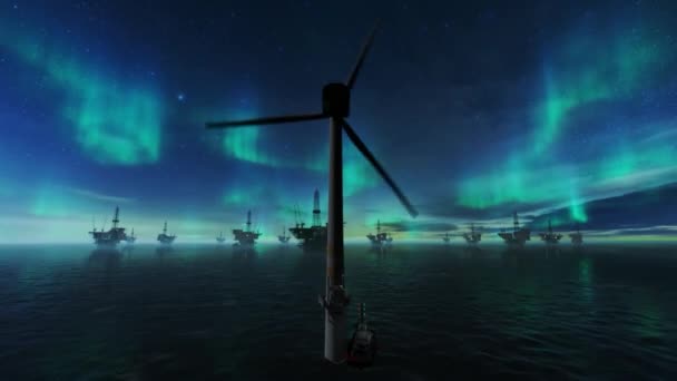 在星空和北极光的映衬下 乘坐装有石油钻机的离岸风力涡轮机向维修人员飞去 — 图库视频影像