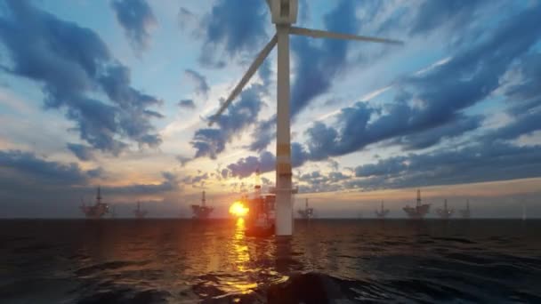 Полет Над Морем Береговой Ветряной Турбины Нефтяным Вышкам Против Восхода — стоковое видео