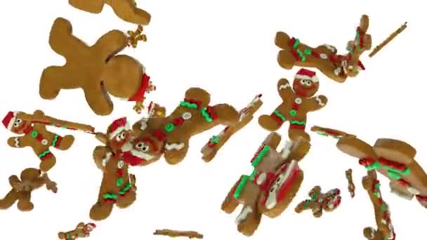 Biscoitos Gengibre Natal Voando Câmera Lenta Contra Branco — Vídeo de Stock