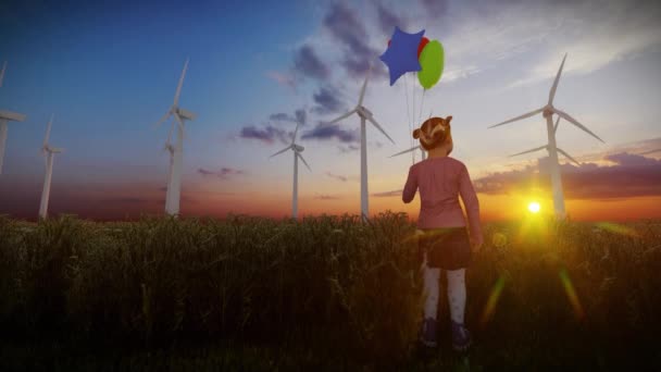 風力タービン農場で小麦畑で風船を保持する小さな少女 — ストック動画