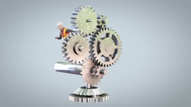 Worker Keeping Industrial Gears Motion Industrial Revolution Concept Loop Luma — Stock Video