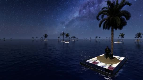 Pessoas Isoladas Sentadas Ilha Telefone Celular Contra Céu Estrelado Presas — Vídeo de Stock
