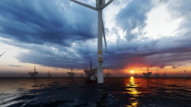 Полет Над Морем Оффшорных Ветряных Турбин Нефтяным Вышкам Против Заката — стоковое видео