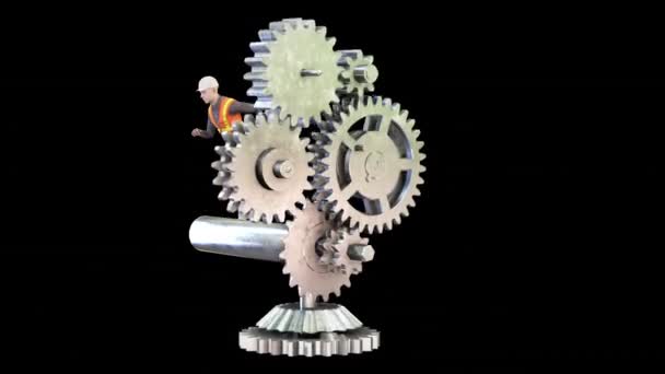 Worker Keeping Industrial Gears Motion Industrial Revolution Concept Loop Black — Stock Video