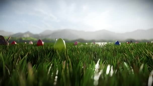 Chocolate Bunny Easter Eggs Scattered Green Meadow — Stock Video