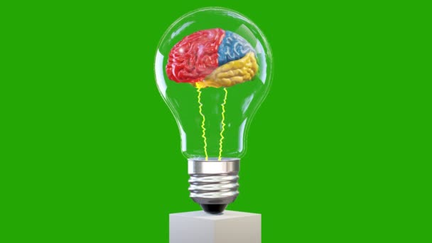 Красочный Мозг Вращающийся Внутри Лампочки Концепция Большого Ума Loop Зеленый — стоковое видео
