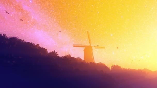 Nederländska Väderkvarn Med Duvor Som Flyger Mot Färgglad Stjärnhimmel — Stockvideo