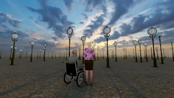 일출에 Timelapse 시계에 둘러싸인 사막에서 장애인 남자와 — 비디오