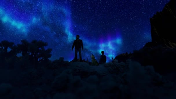 Pareja Perro Admirando Aurora Boreal Contra Cielo Estrellado Amplio Tiro — Vídeos de Stock