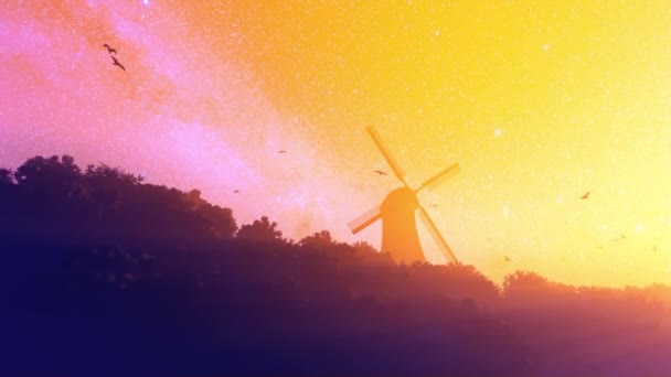 Ολλανδικός Ανεμόμυλος Περιστέρια Που Πετούν Κατά Πολύχρωμο Έναστρο Ουρανό Κλίση — Αρχείο Βίντεο