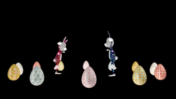 Пасхальна Пара Кроликів Танцює Оточенні Великодніх Яєць Петлі Альфа Канал — стокове відео