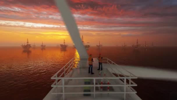 Trabalhador Manutenção Cima Uma Turbina Eólica Offshore Com Plataformas Petróleo — Vídeo de Stock