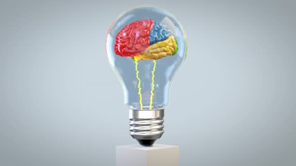 色彩艳丽的3D大脑在灯泡内旋转 伟大的心灵概念 — 图库视频影像