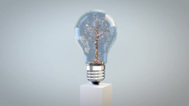 Bir ampulün içinde dönen fantezi ağacı, yeşil enerji, kusursuz döngü