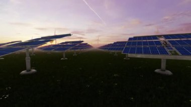 Güneş Panelleri Çiftliği 'nden uzakta rüzgar türbinleri ve gündoğumunda yükselen sıcak hava balonları, 4K