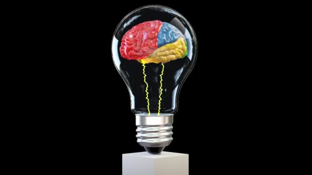 電球の中を回転するカラフルな3D脳 偉大な心の概念 ループ アルファチャンネル — ストック動画