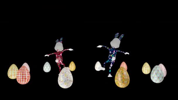 Пасхальна Пара Кроликів Танцює Оточенні Великодніх Яєць Петлі Лума Матт — стокове відео