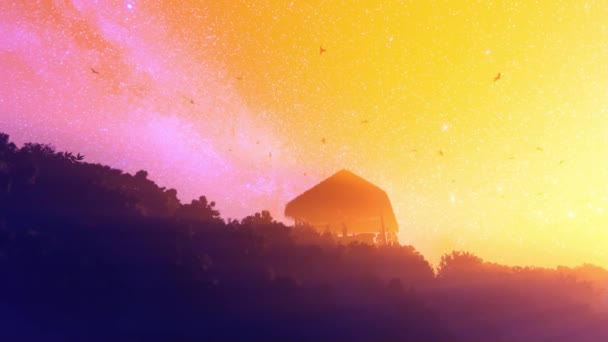 Туристы Баре Тики Вершине Зеленого Холма Против Горячего Звездного Неба — стоковое видео