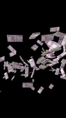 EURO para birimi yığını yavaş çekimde uçuyor, dikişsiz döngü, dikey video, Luma Matte eklendi