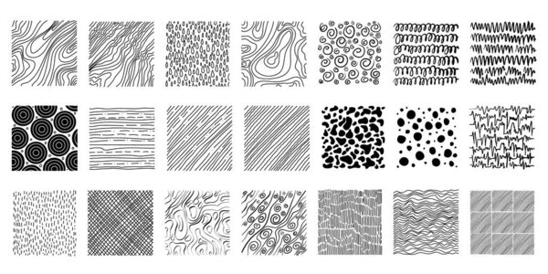 Ручной набор чернил гранж текстуры. Образы каракулей. Линейное штрихование, скрещивание, одурманивание, насмешки и другие. Векторная иллюстрация.