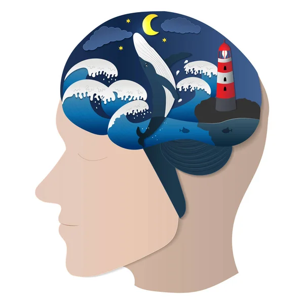 Human Brain Concept Illustration Whale Lighthouse Stormy Night — Vettoriale Stock