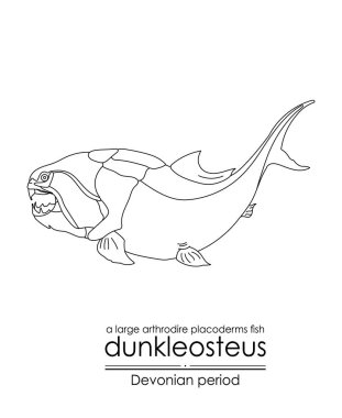 Dunkleosteus, Devonian dönemi büyük eklem bacaklı balıklar, siyah beyaz çizgili resim çizimleri. Hem renklendirme hem de eğitim amaçlı ideal