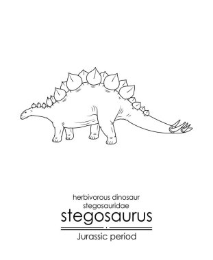 Stegosaurus, otçul, Jurasik dönemden zırhlı dinozor. Siyah ve beyaz çizgi sanatı, renklendirme ve eğitim için mükemmel..