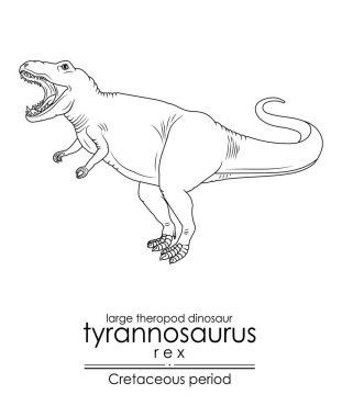 Tyrannosaurus REX, Kretase döneminden kalma büyük bir theropod dinozor. Siyah ve beyaz çizgi sanatı, renklendirme ve eğitim için mükemmel..