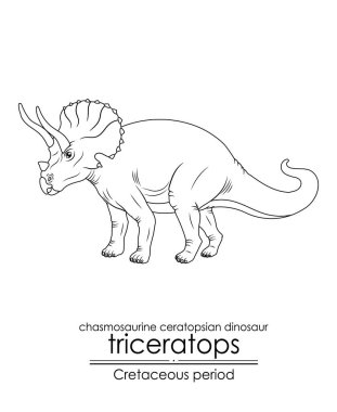 Triceratops, Kretase döneminden kalma büyük bir bitki yiyen dinozor. Siyah ve beyaz çizgi sanatı, renklendirme ve eğitim için mükemmel..