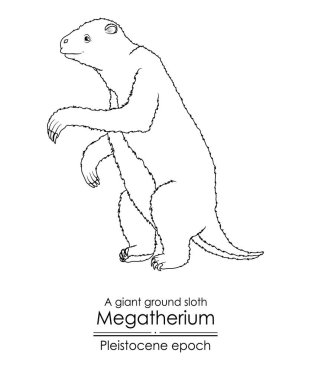 Pleistosen çağından dev bir yer tembel hayvan Megatherium 'u. Siyah ve beyaz çizgi sanatı, renklendirme ve eğitim için mükemmel..